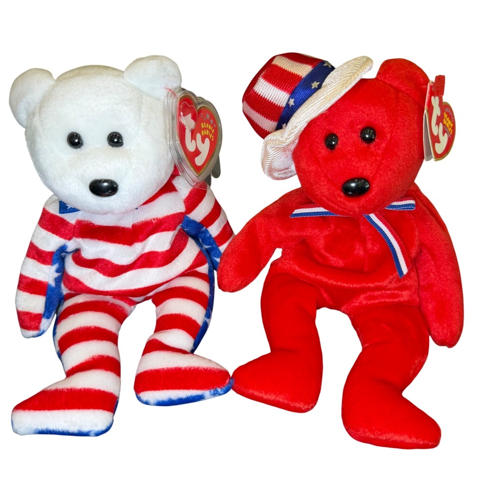 Ty Beanie Babies Patriotic Bear Duo Liberty and Sam Stars Stripes Red Plush